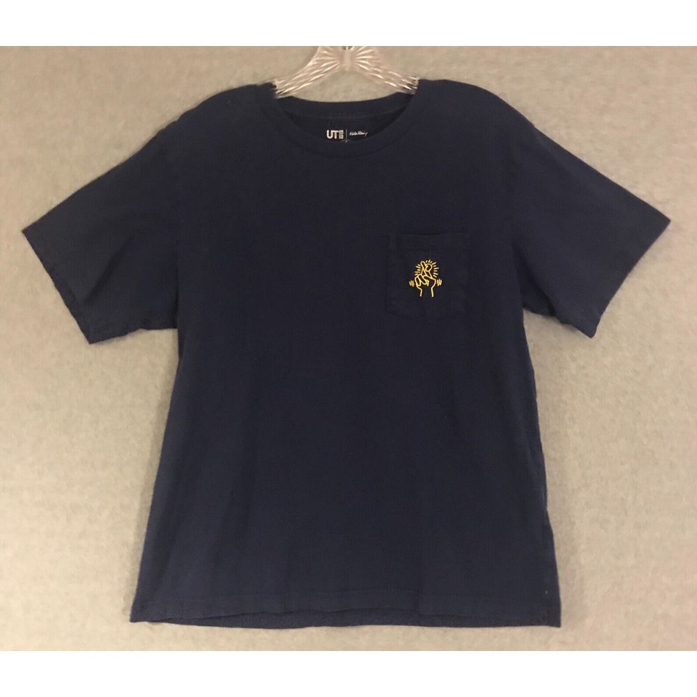 Keith Haring Shirt Mens Medium Blue Embroidered Fingers Crossed Yellow Graphic‎